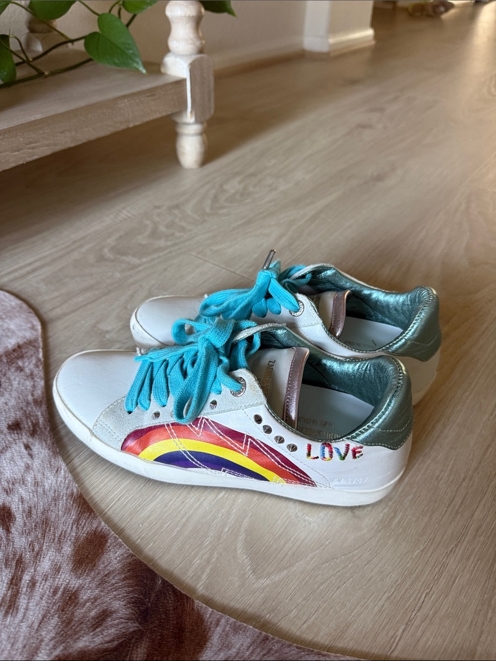 Zadig & Voltaire White Sneakers with Rainbow Accent and Teal Laces